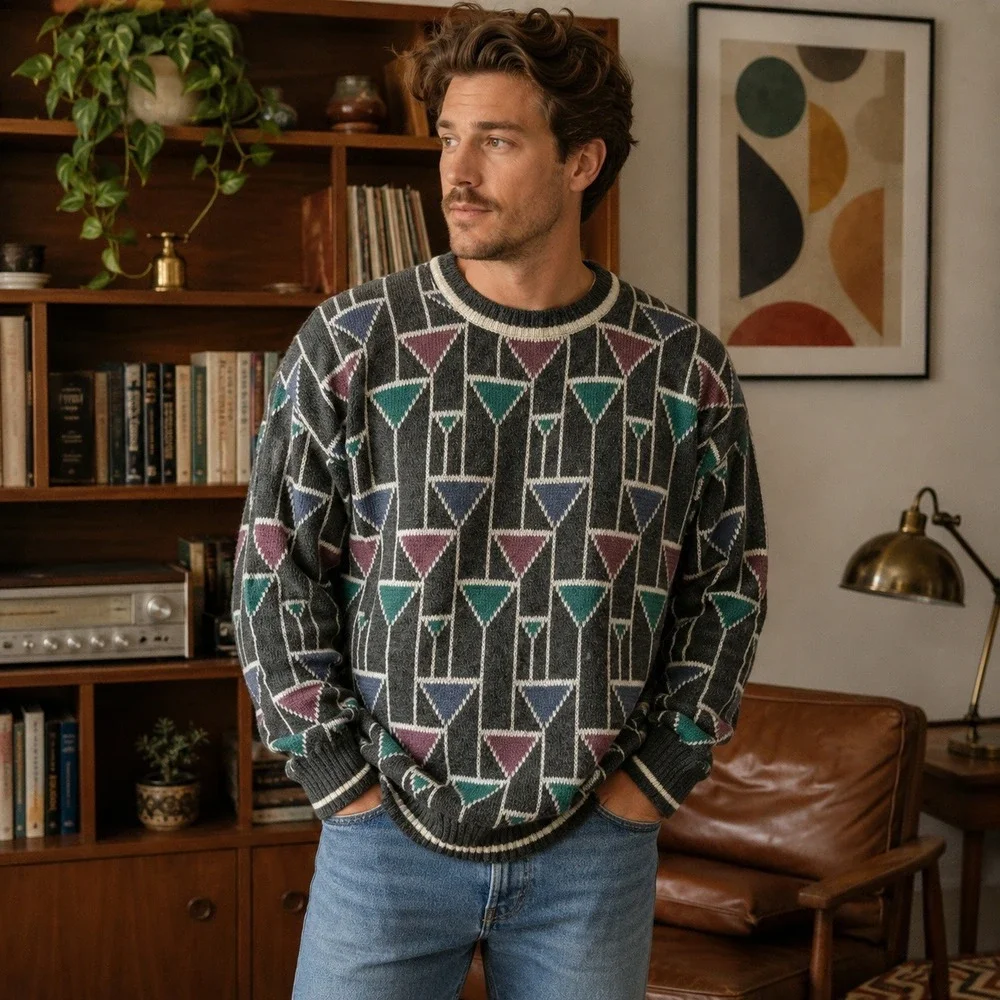 Vintage‎ Hennessy Mens Geometric Crewneck Sweater Sz L 90s Grandpa Core